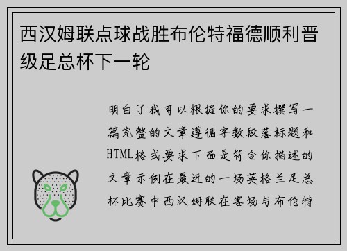 西汉姆联点球战胜布伦特福德顺利晋级足总杯下一轮 西汉姆联点球战胜布伦特福德顺利晋级足总杯下一轮